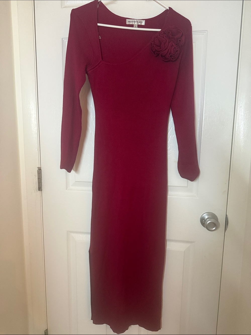 Madden Girl Burgundy Ribbed Long Sleeve Maxi Dress with Floral Shoulder Accent